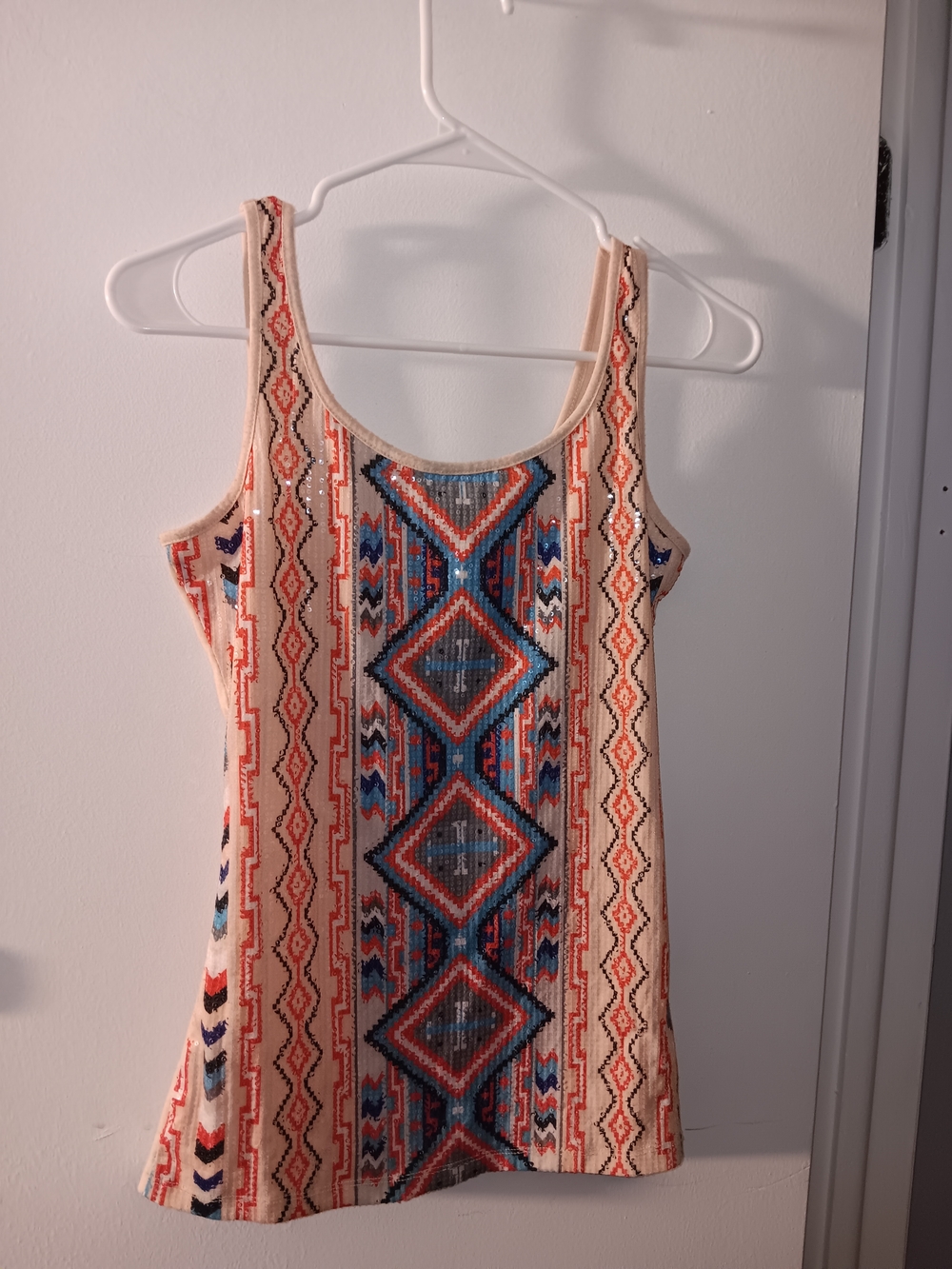 Boho Aztec Print Tank Top in Peach, Blue & Coral